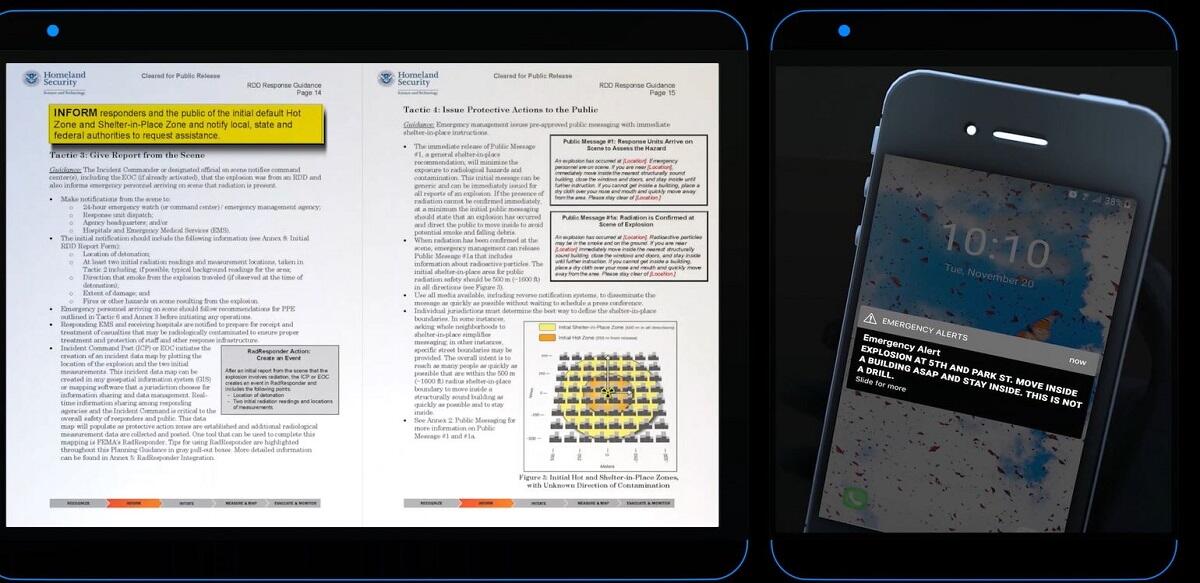 A screenshot of the RDD Response Guidance document and a screenshot of a smart phone with an emergency alert displaying on the screen.